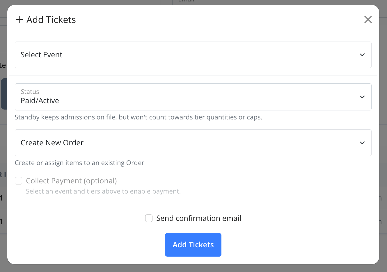 Add Tickets modal with event, date, and tier selection
