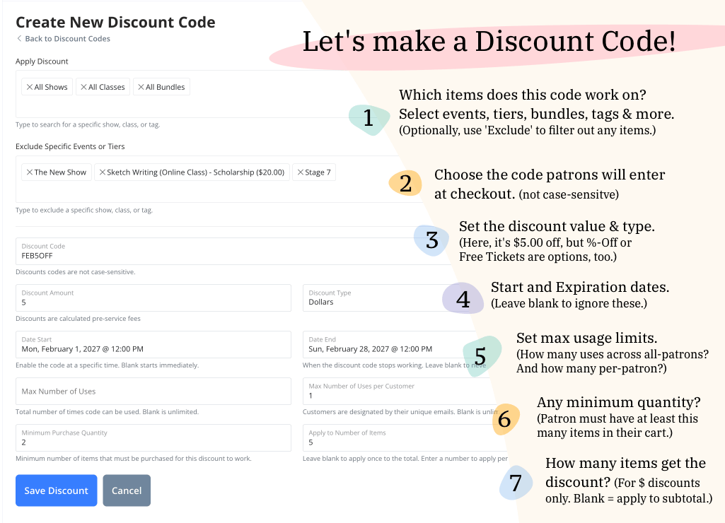 Annotated screenshot of the Create New Discount Code form in the CrowdWork Dashboard, showing numbered callouts for each field