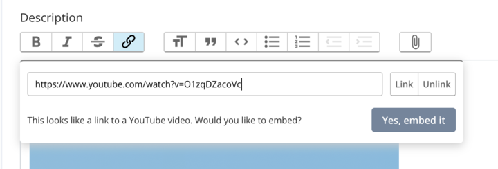 The YouTube embed prompt that appears when a YouTube URL is added as a link